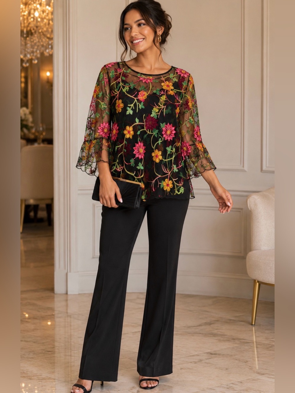 💐 T&W Designs Floral Embroidered Mesh Blouse XL Sheer Boho Party Top